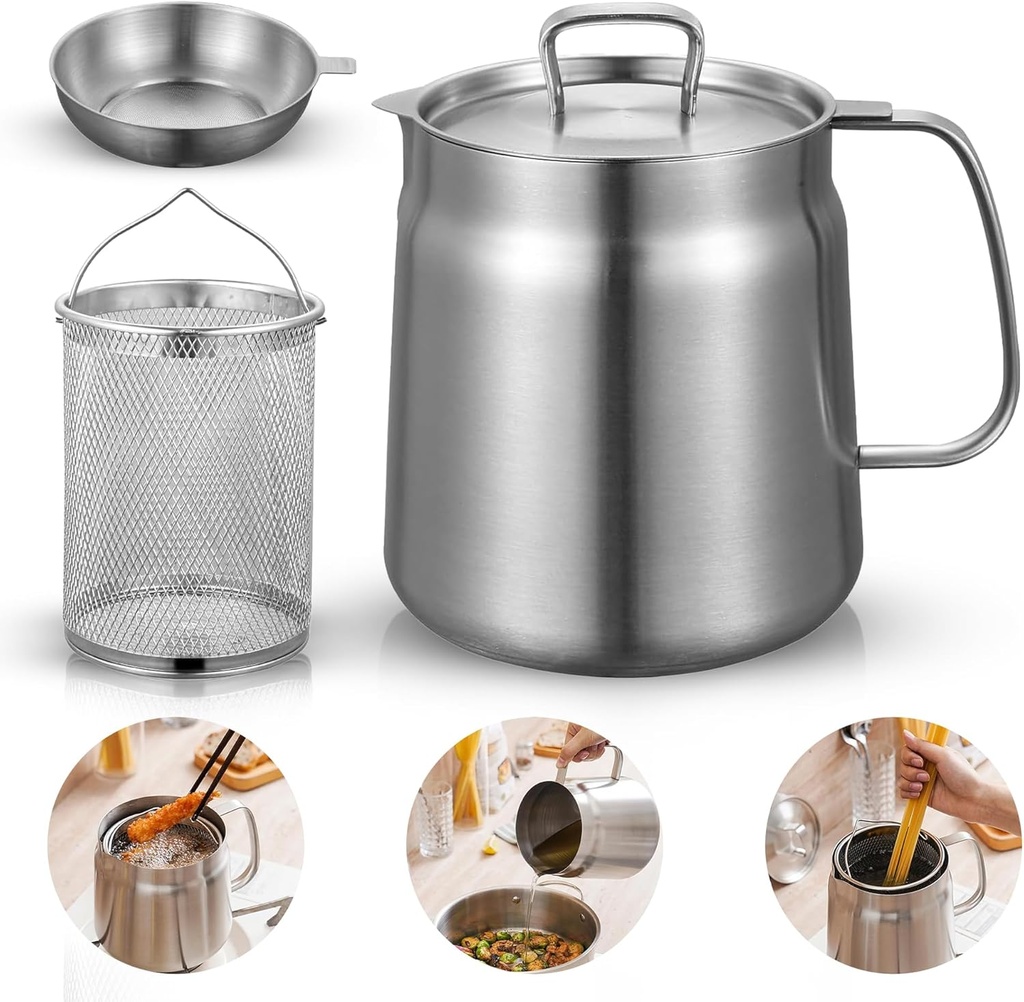 Stainless Steel 304 Oil Filter Pot, 2L - High Resistance, Multifunctional Fryer for Bacon, Chicken, Pasta, Asparagus, Oil Storage. Durable, Safe, Easy to Use – Perfect for Chefs & Cooking Enthusiasts
