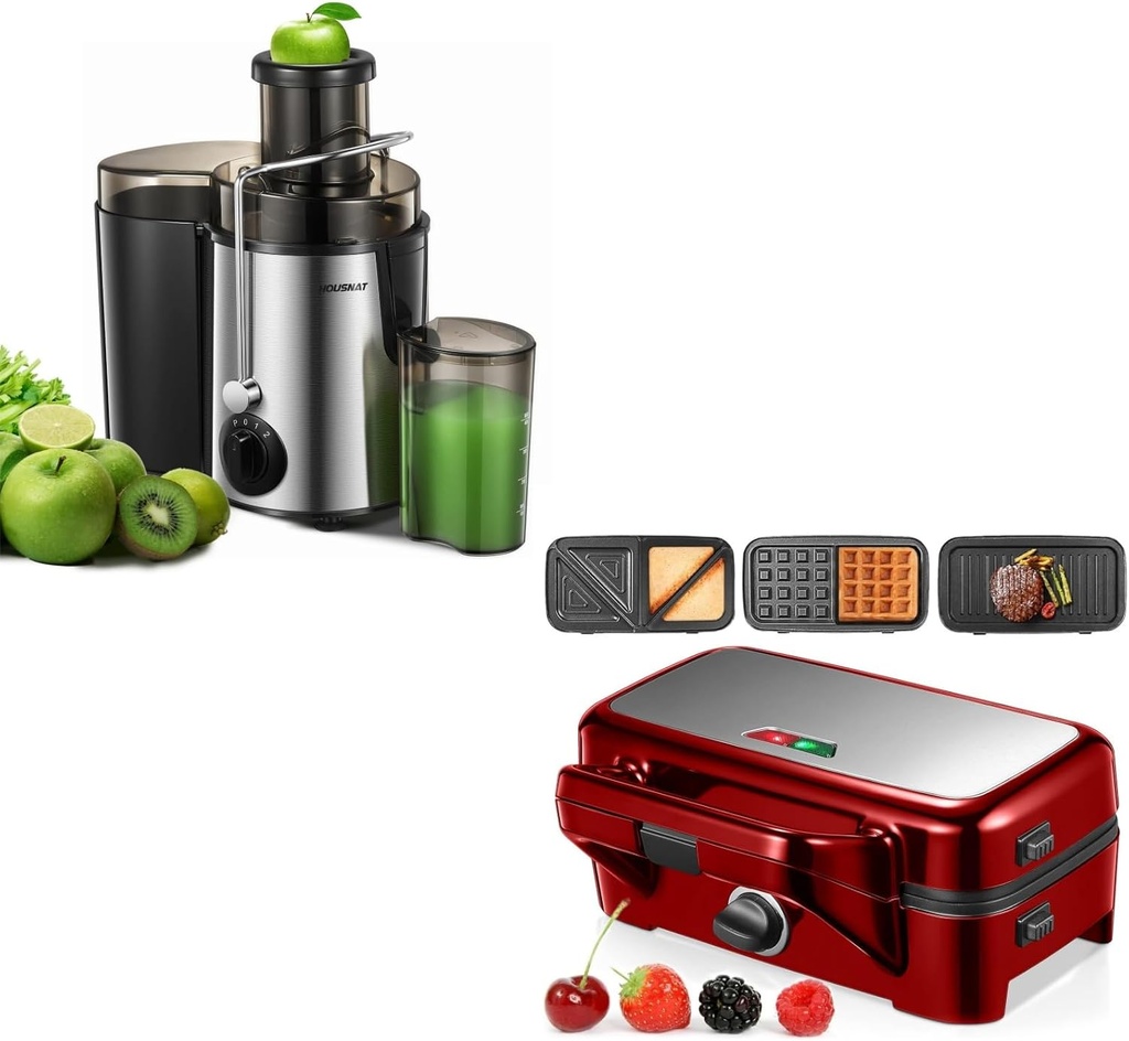Juicer Machine 400W & Sandwich Maker, 1200W 3 in 1 Waffle Maker with Removable Plates, red