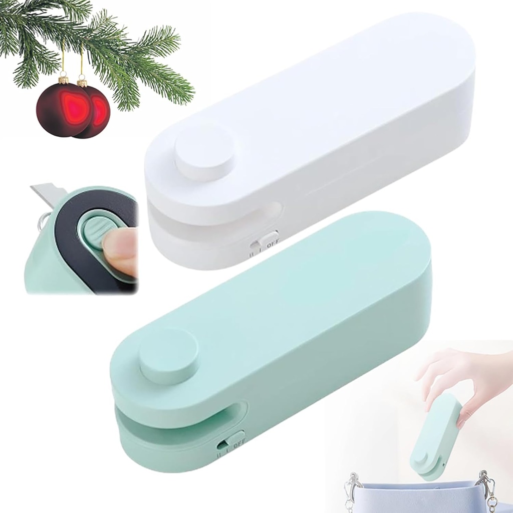 Upgrade 4 in 1 Bag Cutter and Sealer - Portable Mini Sealer, USB Rechargeable, Heat Seal Tool for Snack Bags (White+Green, 2Pack)