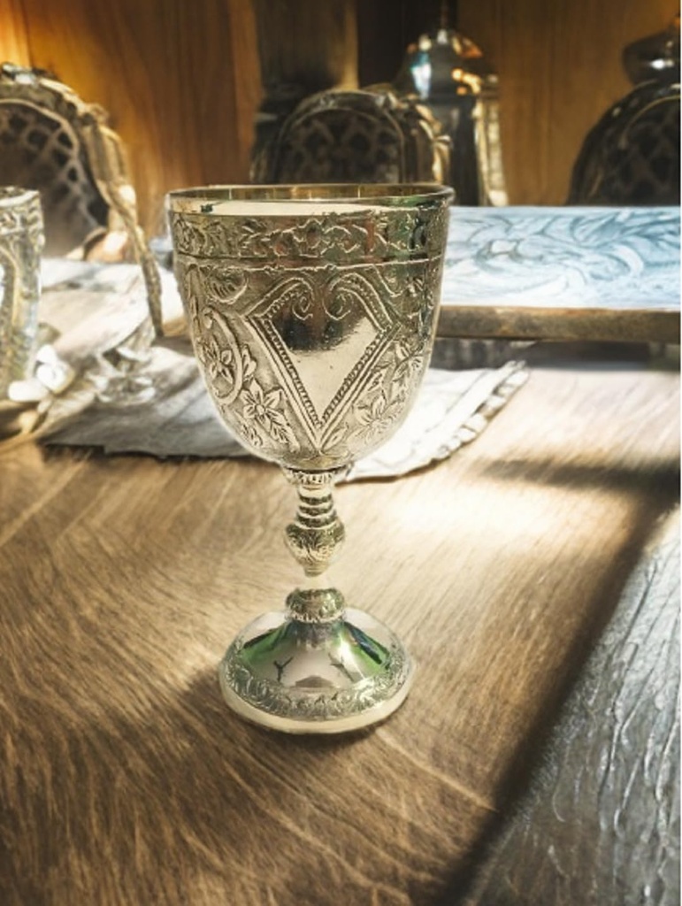 Solid Brass Chalic Vintage Goblet Medieval Handmade Decorative Wine Glass 7 oz Communion Cup with Royal Embossed Design (Medium, 1 Piece, No Box)