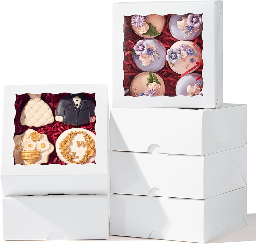 100PCS 6"x6"x2½ Bakery Boxes with Window Cookie Boxes Small Cake Boxes Macaron Boxes Pie Boxes Truffle Chocolate Boxes for Christmas Valentine's Mother's Day