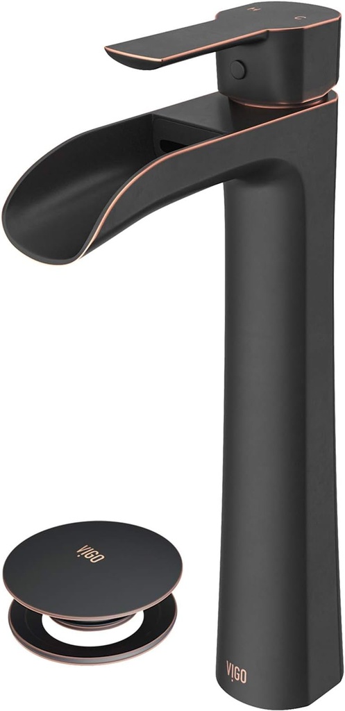 VIGO VG03024ARB2 11" H Niko Antique Rubbed Bronze Single-Handle Single Hole Waterfall Vessel Deck-Mount WaterSense Bathroom Sink Faucet with Pop-Up Drain