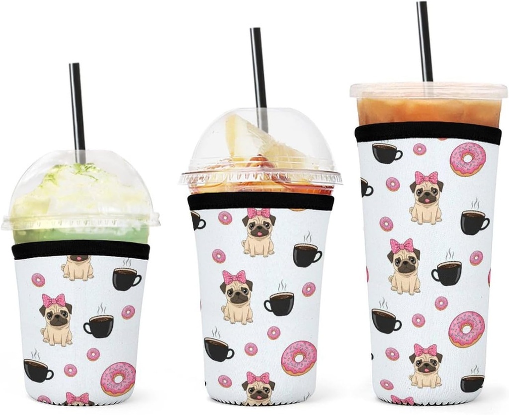 Non Slip Funny Dogs Pug Puppies Pattern Donut Coffee Neoprene Coffee Sleeves, Heat Preservation Cup Sleeve for Most Cups Shapes, Cold Beverage Cooler