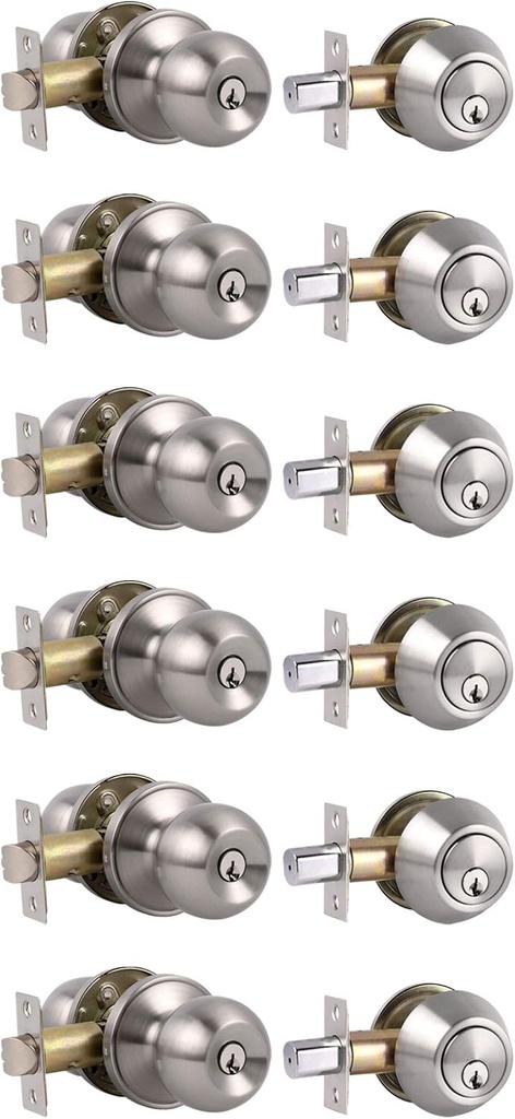 6 Pack-Keyed Alike Handlset with Double Cylinder Deadbolts Combo Pack, Nickel Door Knob Set Lockset Exterior, Keyed Door Knobs for Front and Entrance Door,Contractor Pack