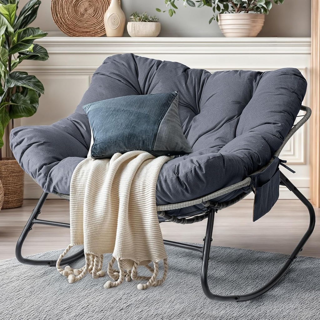 LotFun Outdoor Papasan Rocking Chair, Indoor Oversized Patio Rocker Chairs with Cushion and Removable Side Pockets, Rocker Egg Chair for Living Room, Porch, Garden (Dark Grey, 45" W x 40" D x 28" H)