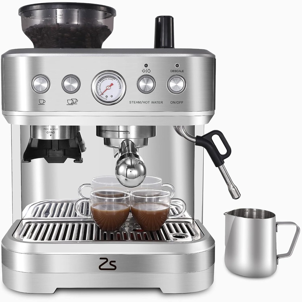 Zstar Espresso Machine with Milk Frother, 15 Bar Professional Coffee Maker with Grinder, Italian ULKA Pump, 2.5L Removable Water Tank, Coffee Machine for Cappuccino Latte, Gift for Mom