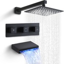 SKOWLL 3 Handle Tub Shower Faucet, Bathroom Shower Faucet Set with 10 Inch Shower Head Wall Mount Waterfall Spout with Light, LED Waterfall Bath Tub Trim Kit, Matte Black