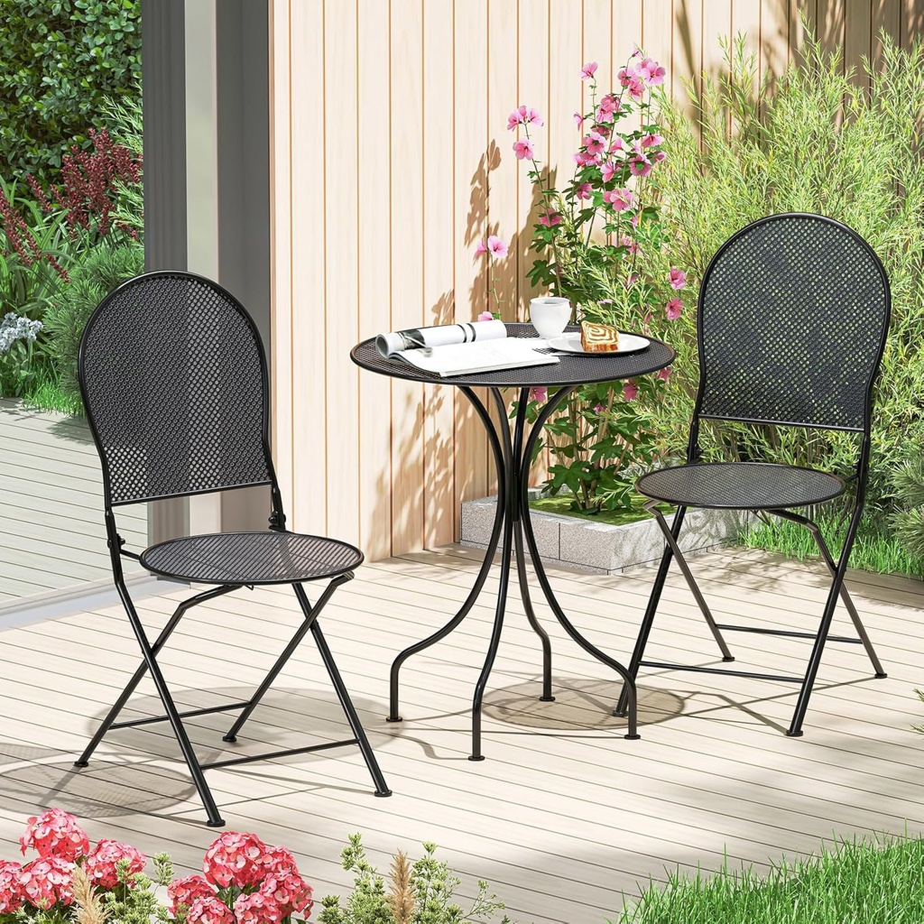 Tangkula 3 Pieces Patio Bistro Set, Metal Table and Folding Chair Set for 2, Outdoor Garden Furniture Set with Round Table & 2 Folding Chairs, Indoor Outdoor Bistro Set for Garden, Yard, Porch
