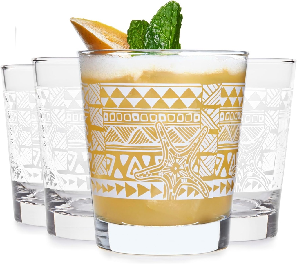Libbey Tiki Rocks Glasses Set, Vintage-style Glassware Drinking Glasses Set of 4, Exotic, Dishwasher Safe Glasses for Backyard Luau or Pool Party
