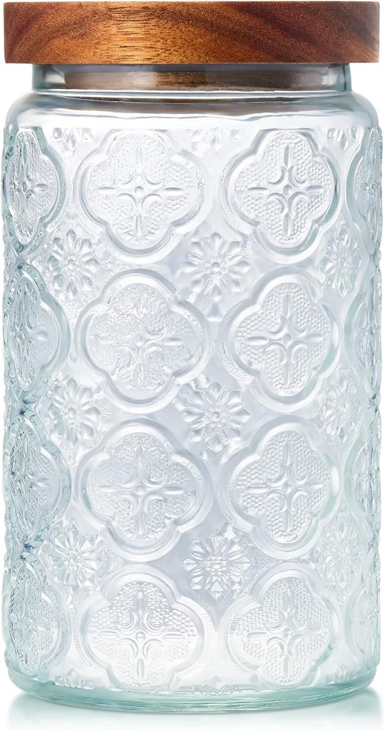 Vintage Glass Storage Jar 33.8oz, With Airtight Wood Lid, Glass Kitchen Canisters for Kitchen Counter, Pantry, Tea, Sugar, Coffee Tea Beans,Flour (Begonia)