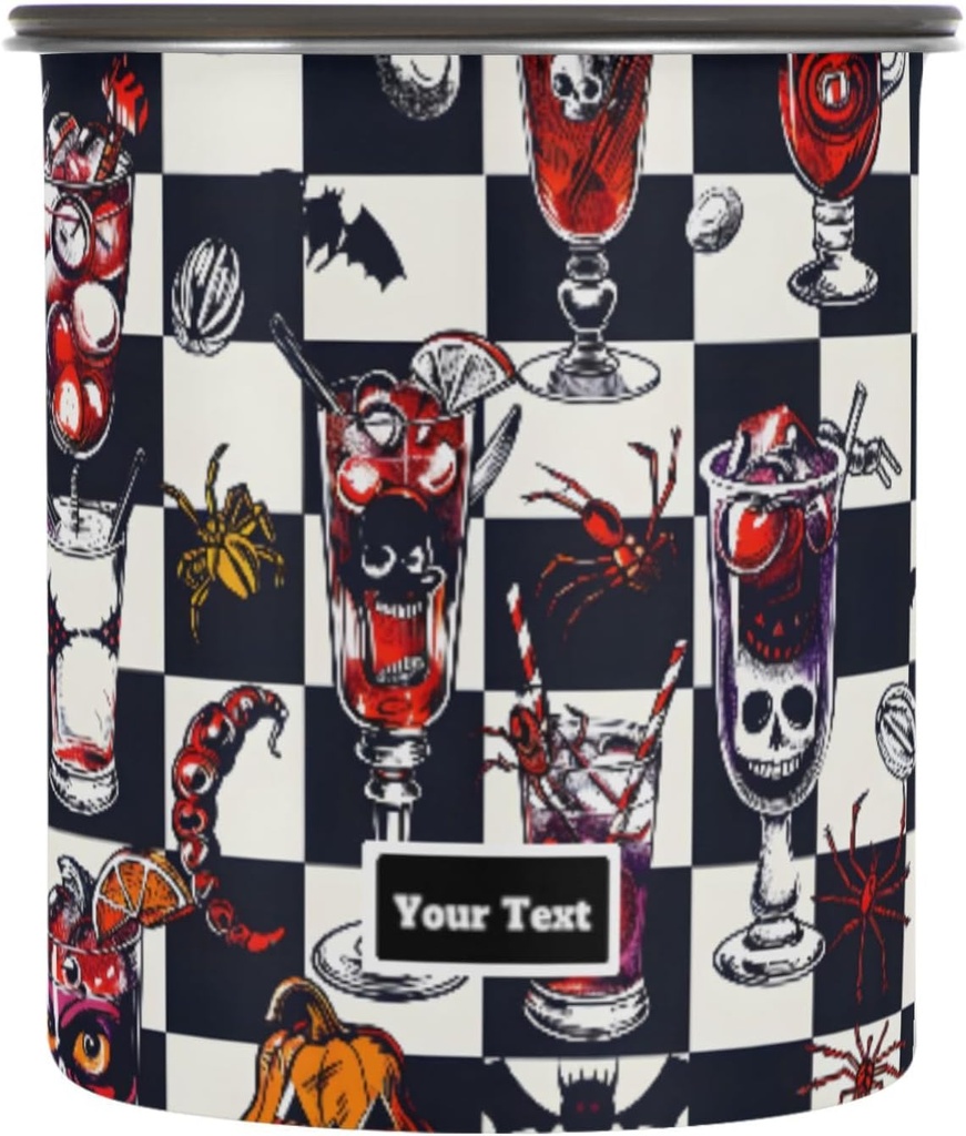 ALAZA Halloween Skulls Checkered Kitten Cats Airtight Coffee Bean Canister Customed 30oz Food Storage Containers with Lids For Gournd, Tea, Sugar, Flour, Rice, Cereal, Candy Cookie Jar