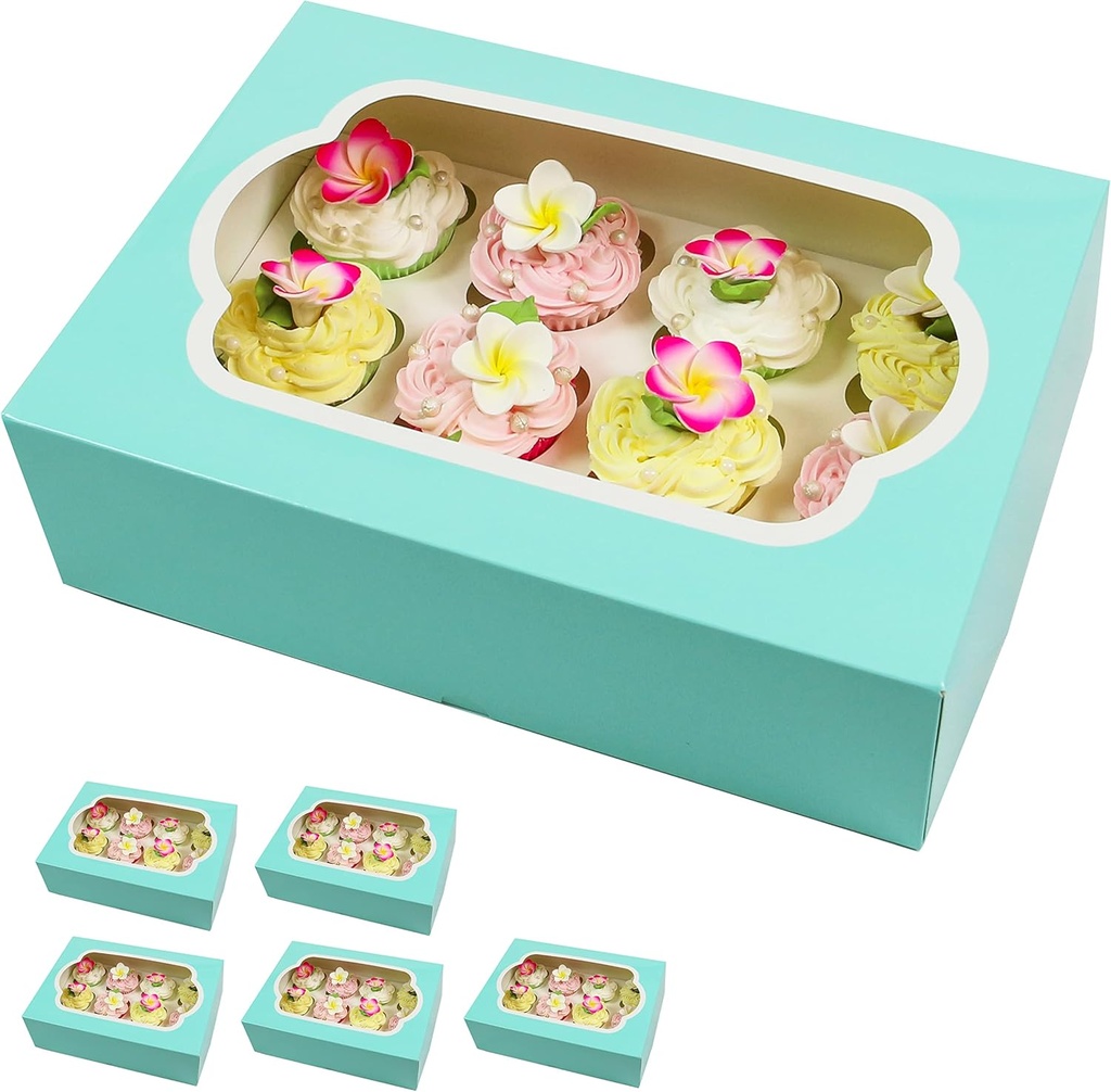 Global Sugar Art Auto-Popup Quarter Sheet Cake & 12 Cupcake Box with Window and Cupcake Insert, Designer Blue 14 x 10 x 4 Inches, 5 Count