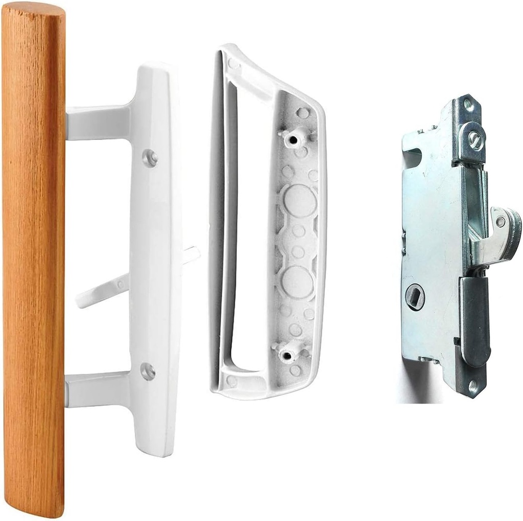 HauSun Sliding Glass Door Handle Set Oak Wood Interior Handle and Exterior Pull White Diecast Finish+Mortise Lock 45° Keyway Fits 3-15/16” Screw Hole Spacing, Non-keyed with Latch Locks(White)