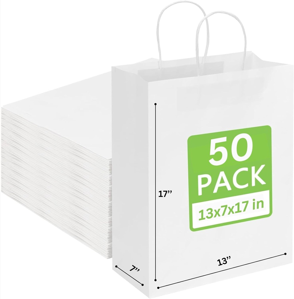 JET PAPER BAGS 13”x7”x17” (50 Pcs) White Paper Bags with Twisted Handles - Ideal for DIY, Takeout, Grocery, Goody, Retail, Party, Craft, Gifts, Wedding - Recyclable Bags