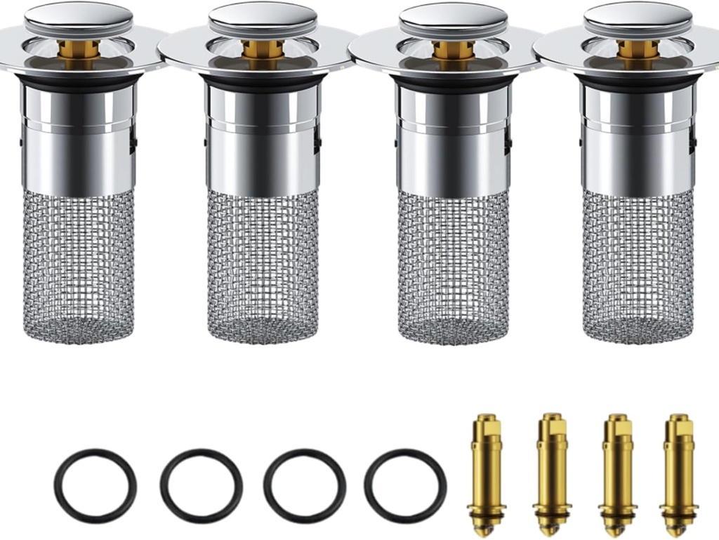 Cumulative Sink Stopper, Relativity Sink Plug Hair Trap, Fullofcarts Gadget Off-Bathroom Sink Stopper, Pop-Up Drain Filter, Easy Sink Plugs with Basket, Hair Catcher Shower Drain (4pcs)