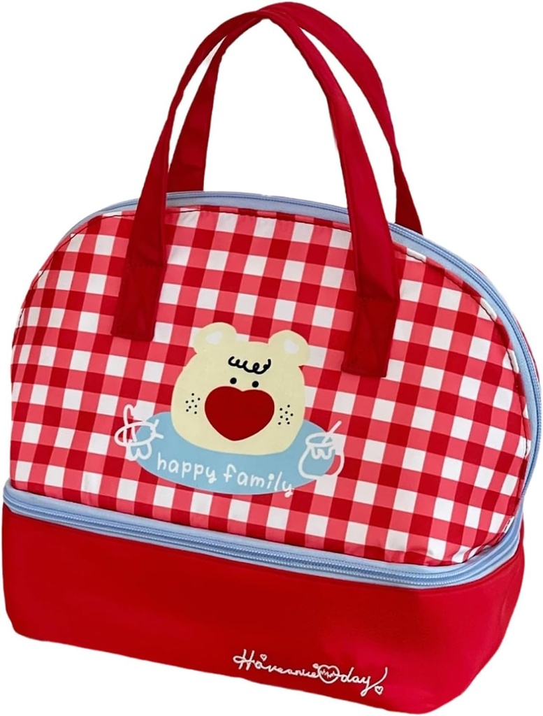 Cute Dual Compartment Lunch Bag for Women, Kawaii Insulated Lunch Tote, Small Bento Cooler Bag for Picnic, Outdoor (Gingham Bear)