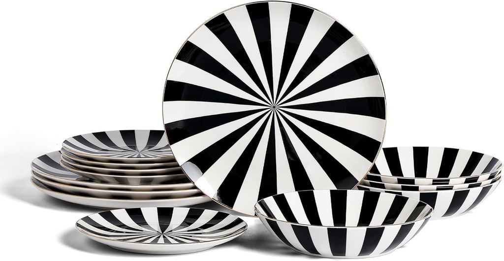 Christian Siriano Empire Porcelain Dinnerware, 12-Piece Plates and Bowls Set, Black and White Dish Set for 4, Gold Trim, Hand Wash Only