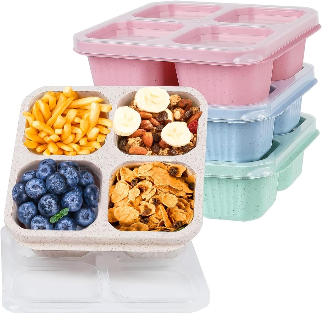 4 Pack Snack Containers - Stackable Bento Boxes with 4 Compartments, Reusable Divided Food Containers for Party, Work, Travel, BPA FREE