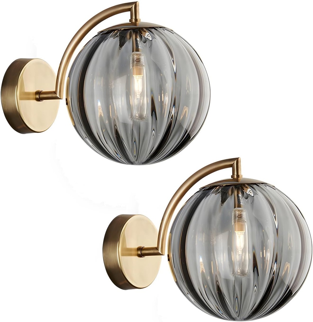 KCO Lighting Mid Century Modern Wall Mount Light Gold Wall Sconces Set of 2 Vintage Smoked Glass Wall Sconces Set of Two Farmhouse Bathroom Vanity Light Fixtures Brass Wall Sconce Globe Lamp