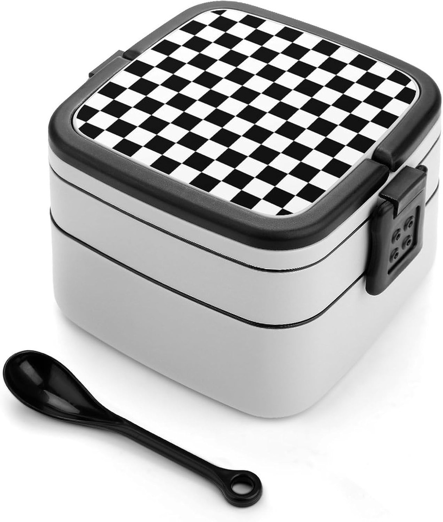 Reusable Leak Resistant Bento Lunch Box, Double layer Bento Box, Adult Lunch Box For Dining Out, Work, Picnic Compatible with Race Checkerboard Checkered Black And White