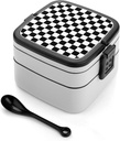 Reusable Leak Resistant Bento Lunch Box, Double layer Bento Box, Adult Lunch Box For Dining Out, Work, Picnic Compatible with Race Checkerboard Checkered Black And White