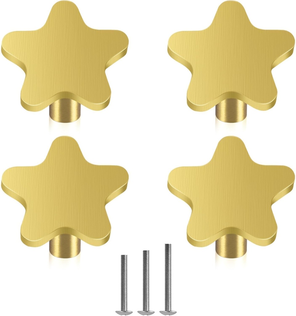 4X Solid Brass Hardware Star-Shape Knob Drawer Brushed Gold Cabinet Knob 34mm/1.33" for Kitchen Cupboard Furniture Chest Door Dresser Bathroom with 3-Sized Screws