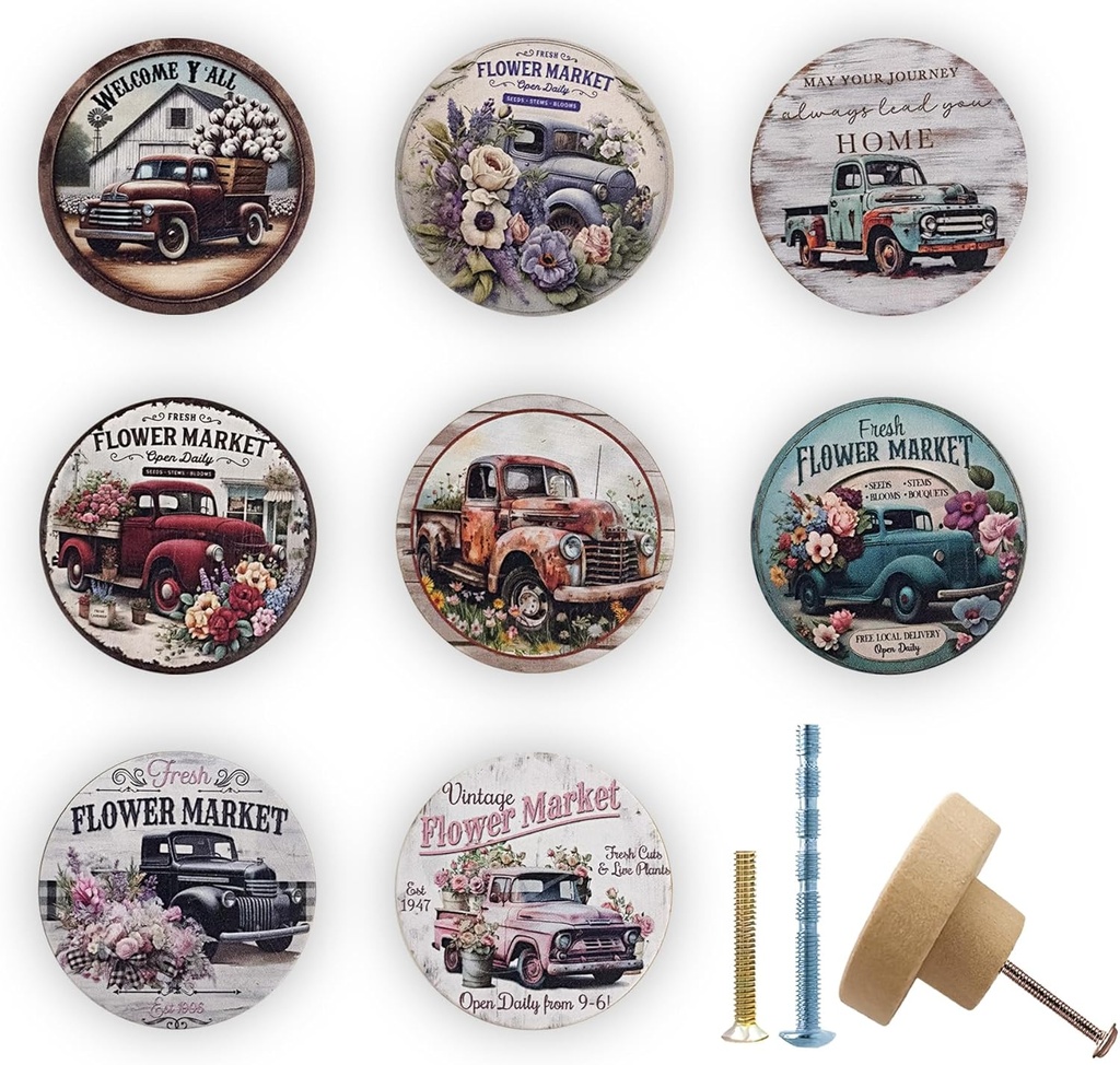 JamJam 8 Pack 1.8" Wooden Rustic Farmhouse Cabinet Knobs Vintage Car Wih Flower Heme Nursery Kids Room Dresser Drawer Knobs and Pulls
