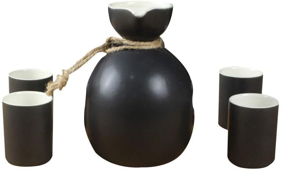 5-Piece Japanese Ceramic Sake Set, White Glaze, Traditional Hand-Drawn Design, Gift for Family & Friends(Black)