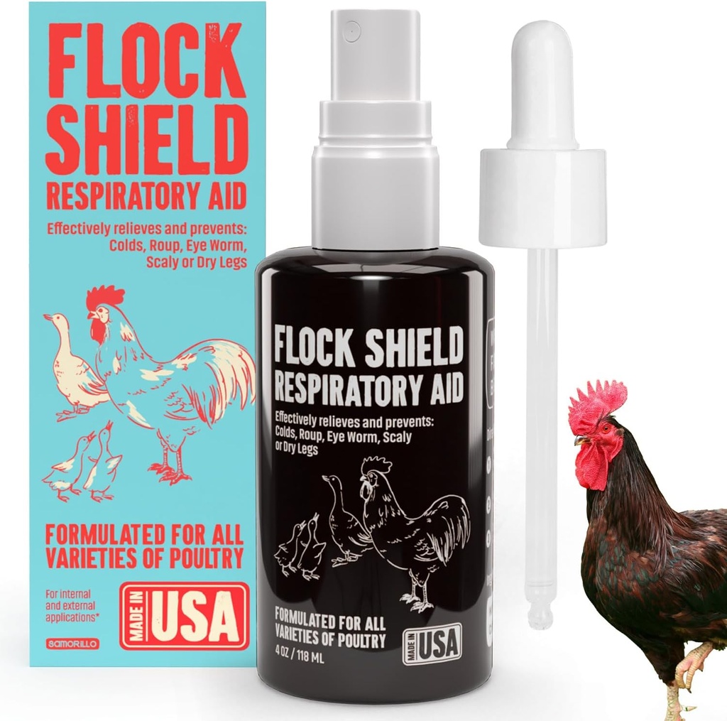 Flock Shield Respiratory Aid for Poultry - [Made in USA] - 4oz Chicken Supplement, Rooster Booster for Respiratory System - Dropper, Spray Top Included - Safe for All Birds - Drinking Water Additive