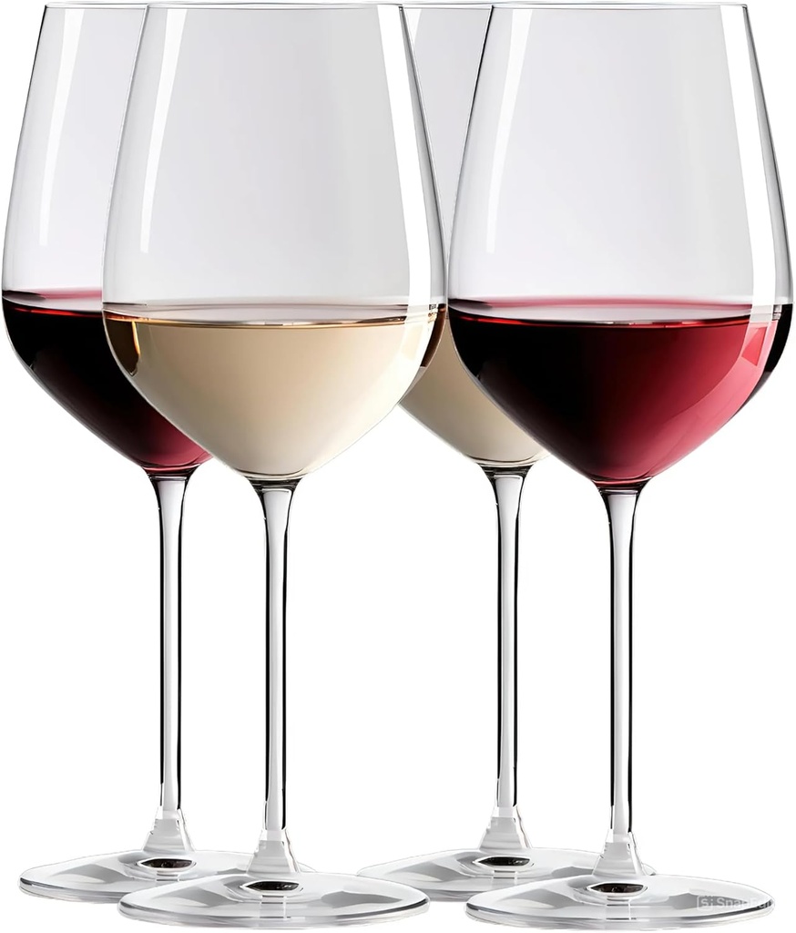 Designed & Made in Europe, Set of 4 Large 22 Oz Red-White Wine Glasses, Long Stem, Dishwasher Safe, Sheer Rim, 100% Lead-Free Crystalline, Gift Idea