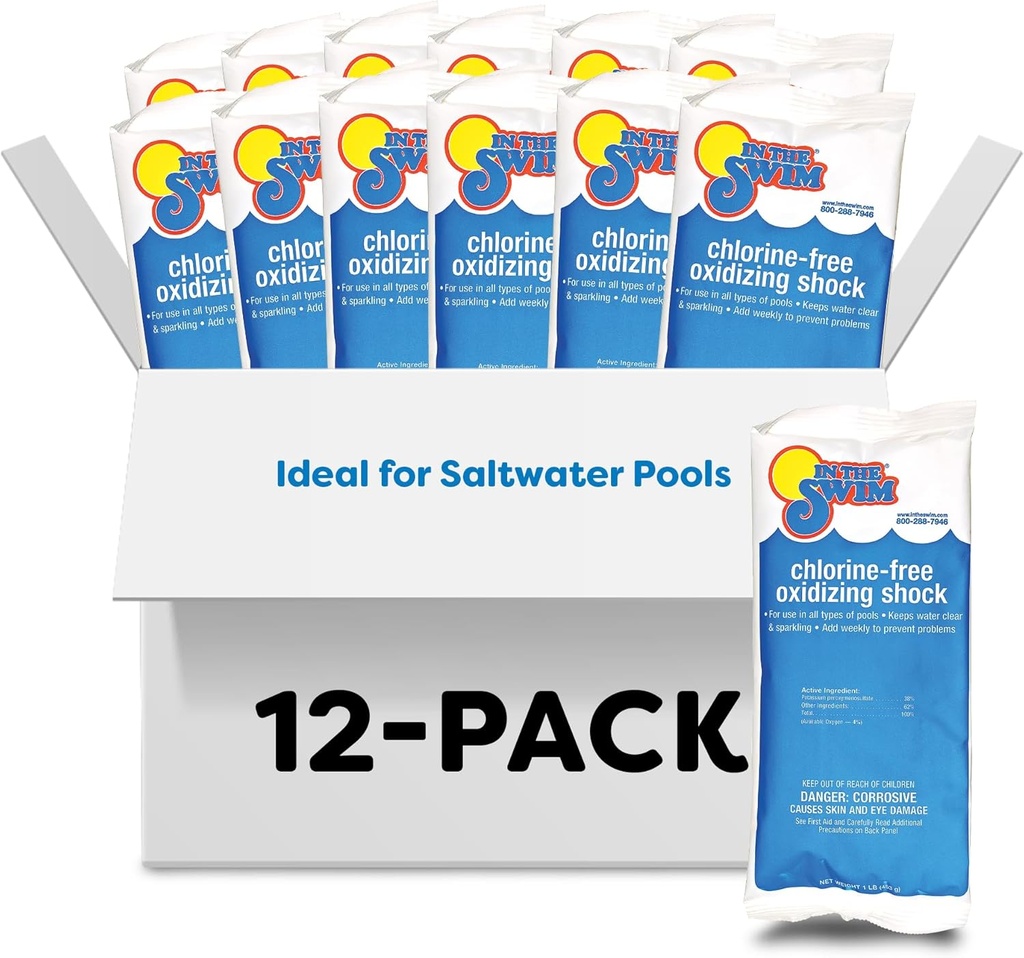 In The Swim Chlorine-Free Pool Shock – Quick Dissolving, Fast-Acting, Shock-Oxidizer for Swimming Pools, Spas, and Salt Chlorinated Pools Compatible - 12 x 1 Pound Bags