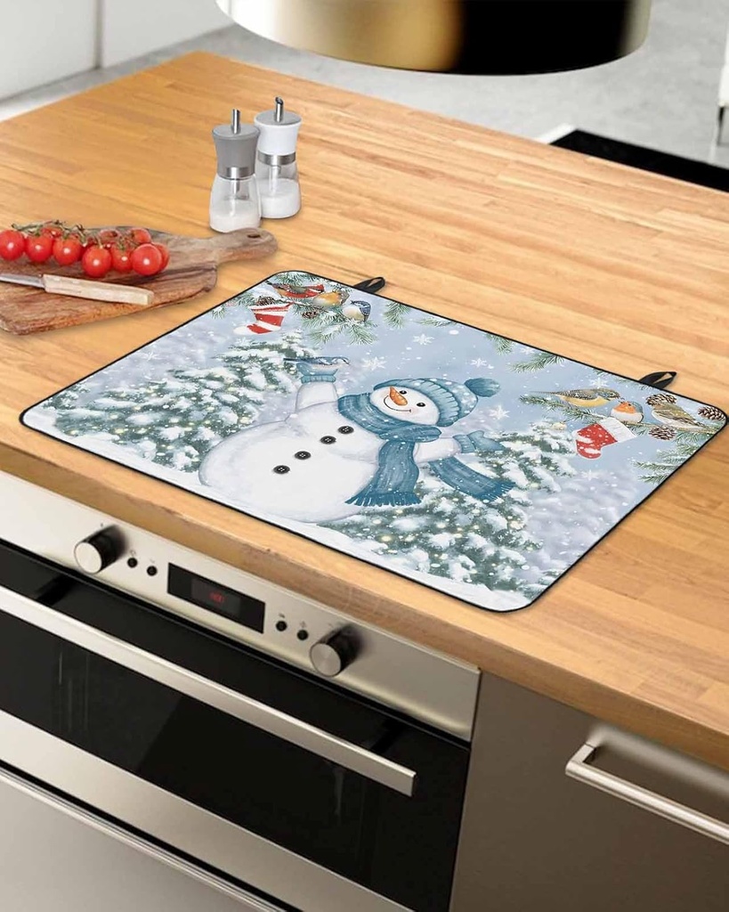 Snowman Countertop Burners Protection Mats for Kitchen, Christmas Socks Tree Bird Winter Blue Rubber Stove Top Cover Mat, Heat Proof Mats Cooktop Cover for Counter Dish Drying Mat, 31"x24"