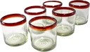 MAREY Handblown Drinking Glasses Artisan Crafted from Mexico Set of 6 pieces (Red Rim, Old Fashioned 10 fl.Oz.)
