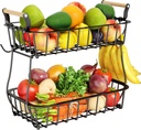 2 Tier Fruit Basket Bowl with 2 Banana Hangers for Kitchen Counter, Countertop Fruit Storage Produce Basket Metal Vegetable Holder Stand Organizer for Bread Snack Veggies Potato, Black