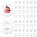 50 Pcs Clear Cupcake Box Individual, 3.5 Inch Plastic Single Cupcake Container, Cupcake Storage Holder Carrier with Ribbons Inserts, Ornament Candy Gift Box for Party Wedding Baby Shower
