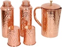 Indian Handmade Hammered Pure Copper 2 Water Bottle 1 Pitcher 2 Glasses Gift Set