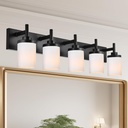 5 Lights Bathroom Light Fixtures,Matte Black Bathroom Vanity Lights with Milky White Glass Shades, Bathroom Light Fixtures Over Mirror for Living Room, Bedroom, Hallway
