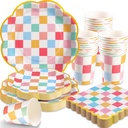 200 PCS Pastel Paper Plates Tableware Set Serves 50 Pastel Gingham Plates Disposable Dinnerware 50 9" Plates 50 7" Plate 50 9oz Cups 50 Napkins for Birthday Baby Shower Wedding