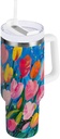 40 oz Tumbler With Handle and Straw Lid, Stainless Steel Vacuum Insulated Tumbler for Water, Iced Tea or Coffee, Easy to Clean (Oil on Canvas Tulips)