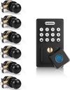 KNOBWELL 6 Pack Passage Interior Door Knob Closet Black Hallway Door Knob and 1 Pack Keypad Fingerprint Smart Deadbolt Lock