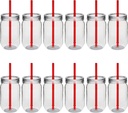 DISCOUNT PROMOS Plastic Mason Jars with Straw Set 24 oz. Set of 12, Bulk Pack - Jars for Overnight Oats, Candies, Fruits, Pickles, Spices, Beverages - Red