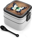 Bento Lunch Box for Women Lunch Containers for Adults Cute Little Butterfly Double Layered Lunchbox Large Capacity Bento Box with Cutlery for Work Picnic Camping Travel