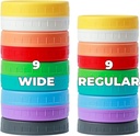 18 Pack 9 Wide Mouth & 9 Regular Mouth Mason Jar Lids with Silicone Rings,Thickened Leak-proof Lids Fit Ball,Kerr and More, 18 Color Plastic Lids, 86mm &70mm Plastic Mason Jar Lids