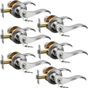 6 Pack Entry Door Handle with Lock and Key, Keyed Different Door Levers Interior Exterior Handle Lock,Front Entrance for Bedroom Wave Style Lever Handles, Satin Nickel Door Lock