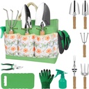 LeMotech Gardening Tools, 10-Piece Heavy Duty Garden Hand Tools Set with Wooden Handle, Durable Fashion Organizer Bag for Garden Supplies, Gardening Gifts for Women Grandmother, Yellow Floral Pattern