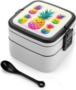 Rainbow Pineapple Cartoon Bento Box for Adults Double Layer Lunch Box with Spoon And Invisible Handle Microwave Dishwasher Safe Leak Proof Meal Prep Lunch Containers for Office Picnic