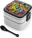 Graffiti Drawing Bento Box with Compartments Double Layer Bento Lunch Box with Spoon And Handle All-in-One Adult Lunchbox Leakproof Lunch Container for Work Picnic Travel