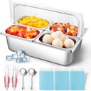 Stainless Steel Ice Food Serving Display Container 6 Pans 3 Ice Packs Cooled Condiment Dispenser Cold Serving Appetizer Buffet Organizer (4 Pans)