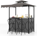 Tangkula 3 Piece Patio Bar Set, Grill Gazebo & 2 Foldable Bar Stools with Awning, Metal Storage Shelves, Glass Holders, Double-Tier Outdoor Shelter for Patio Poolside Garden Backyard (Gray)