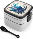 Blue And Purple Octopus Bento Box Double-Layer Bento Lunch Container with Spoon And Invisible Handle Adult Leak-Proof Lunchbox for Dining Out Work Picnics Travel